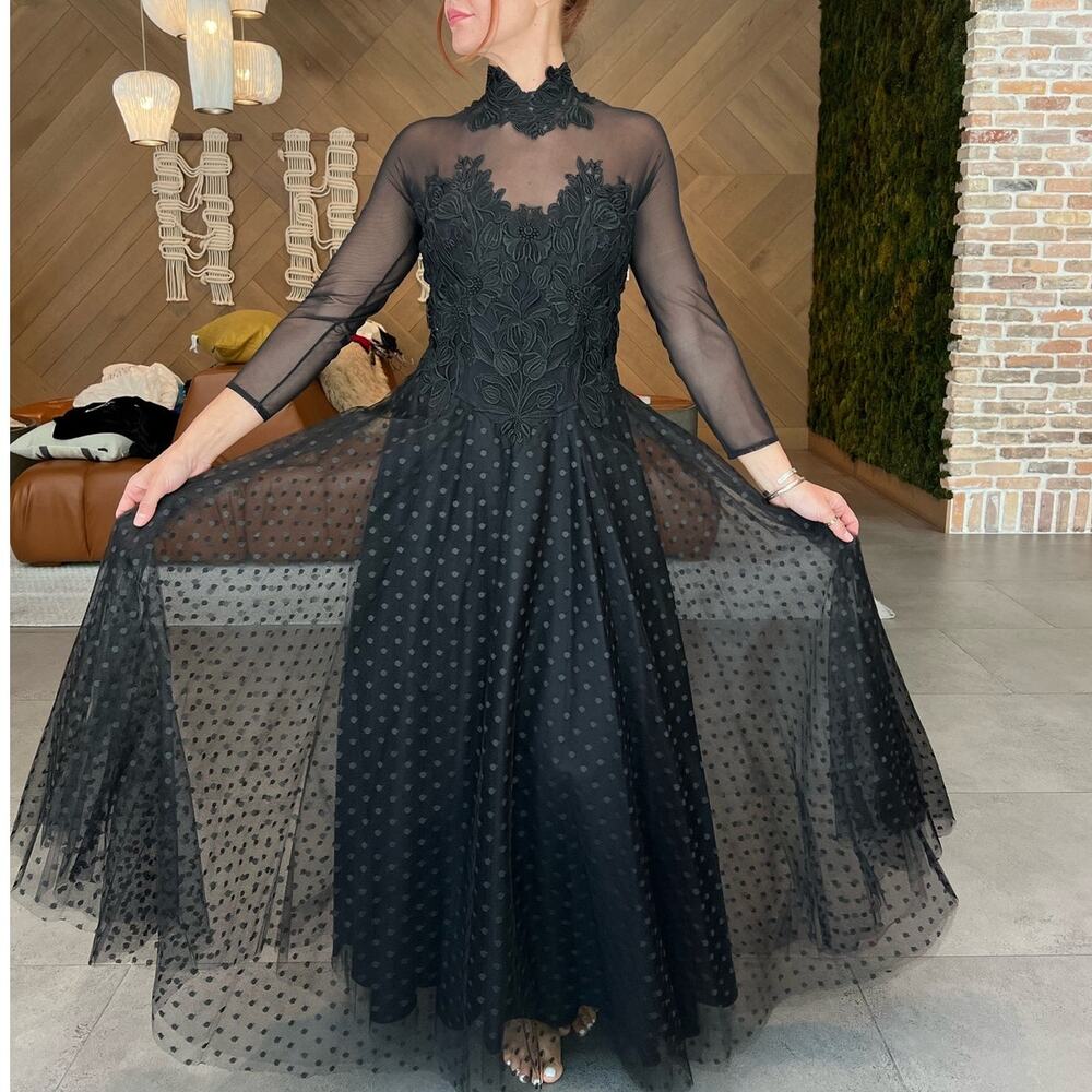 Tadashi Vintage 80s 90s Floral Applique Polka Dot Mesh Evening Dress Gown Size 4